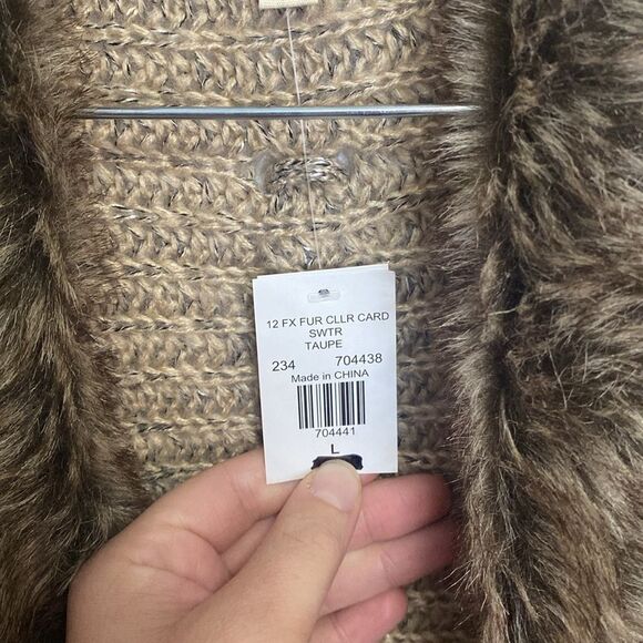 Song n Spirit faux fur collared cardigan womens large tan brown NWT - Picture 3 of 9